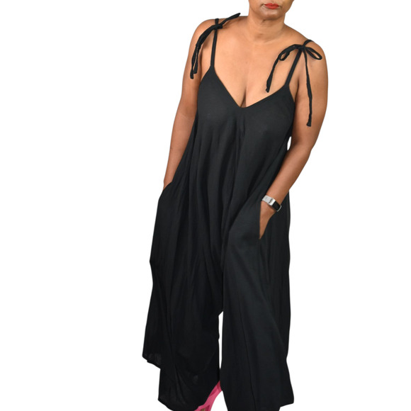 9Seed Bali Draped Jumpsuit Black Crinkle Gauze Harem Romper Drop Crotch One Size - Picture 9 of 14
